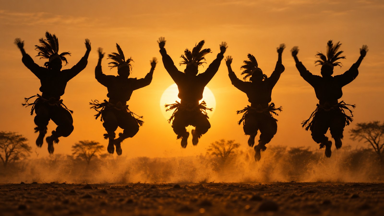 Five dancers in silhouette at the top of a jump against the sun