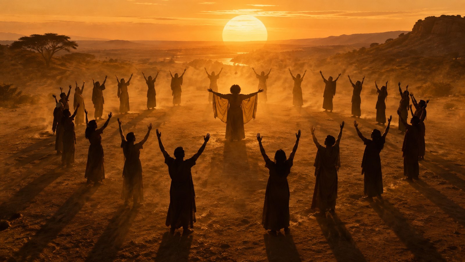 The woman in the centre of the ring of dancers with the sun behind her