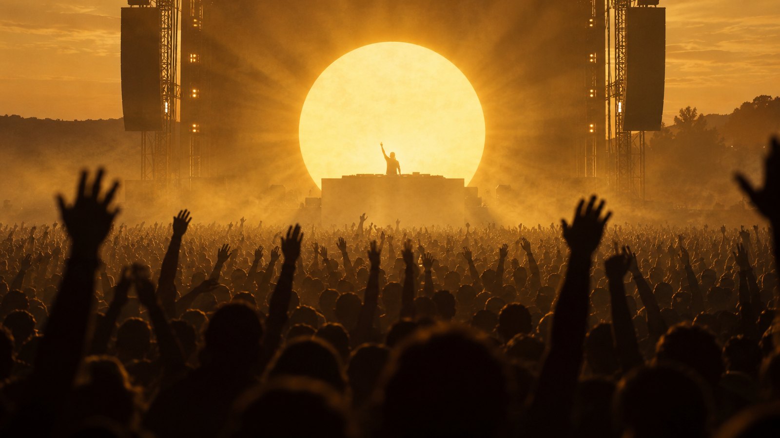 A festival crowd in silhouette with hands raised toward a DJ in front of a round light