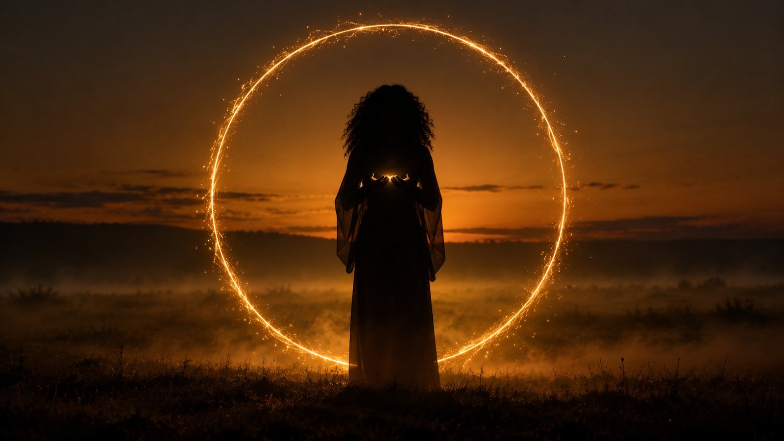 A woman in silhouette with a ring of light leaving her hands and returning to them